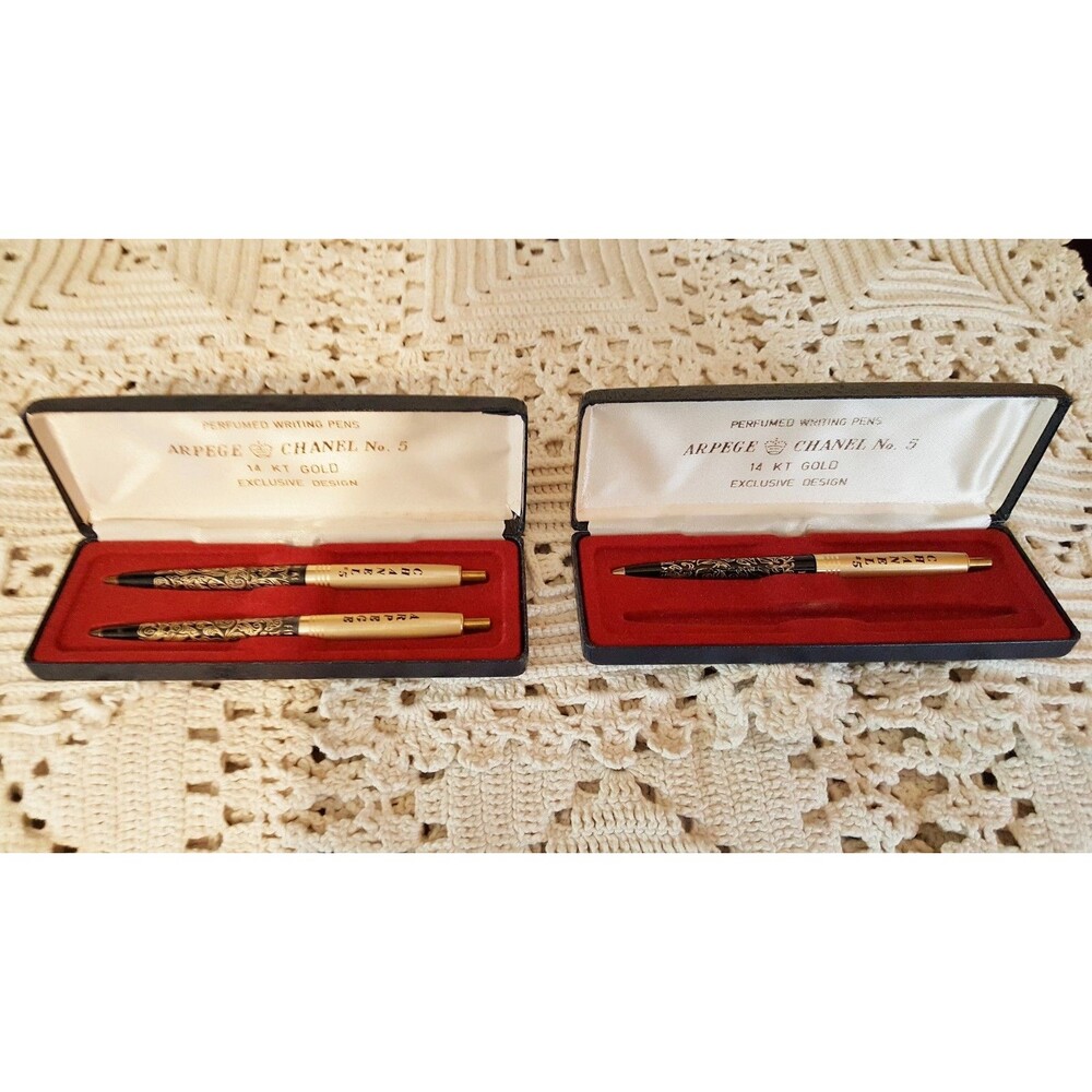 Chanel No.5 Arpege 14K Gold Filigree Perfumed Ballpoint Pens 2 Boxes 3 pens